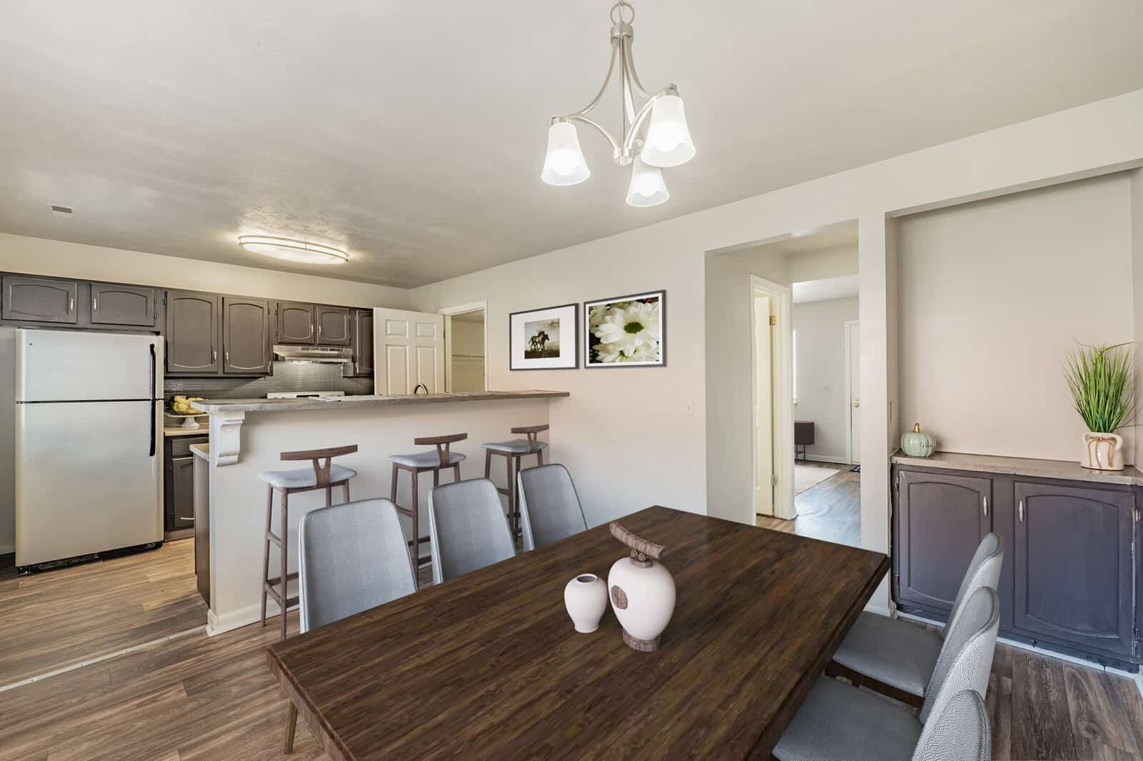 Kitchen with designer finishes and newly upgrade at Wellington Place apartments.